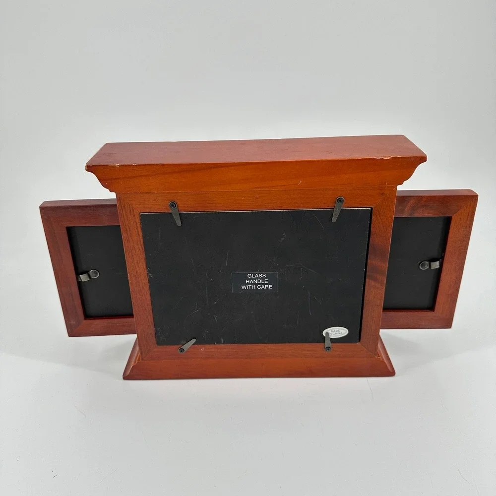 Wooden Mantel Triple Picture Frame Sliding Door Cherry Finish Tabletop Decor